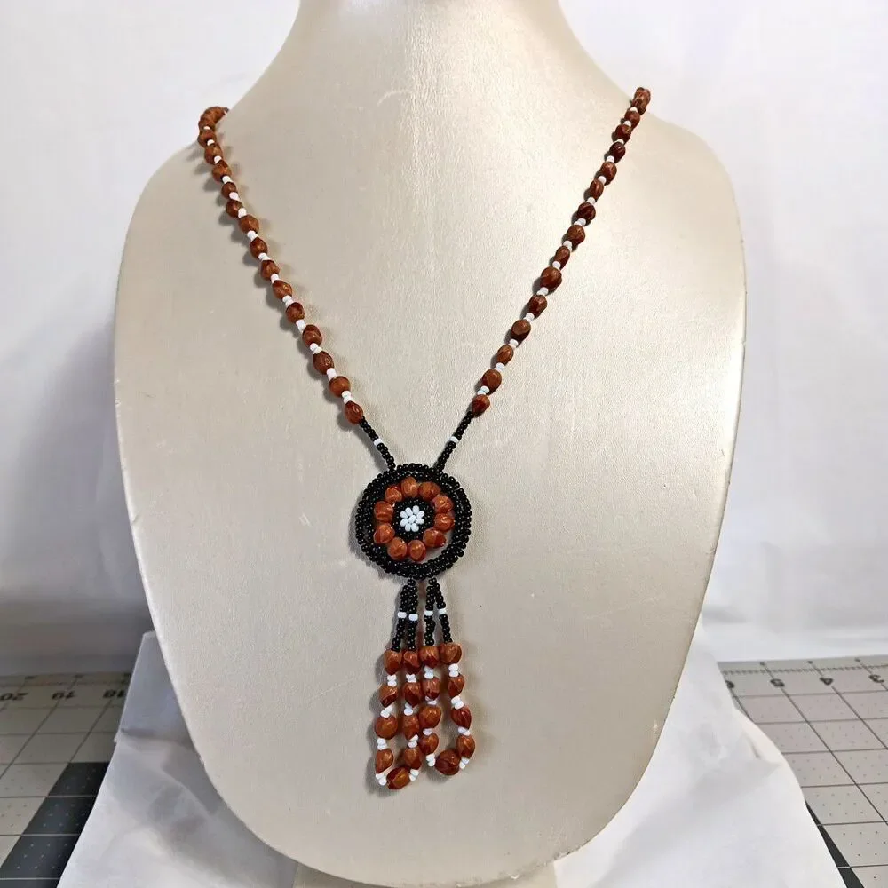 Ghost Bead Necklace Black White Brown Juniper Berry Seed Leather Mandala Tassel